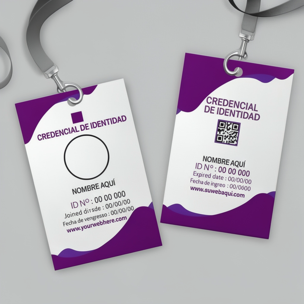 Dos credenciales de identidad con diseño morado y blanco, espacio para foto, nombre, ID y fechas de ingreso y vencimiento.
