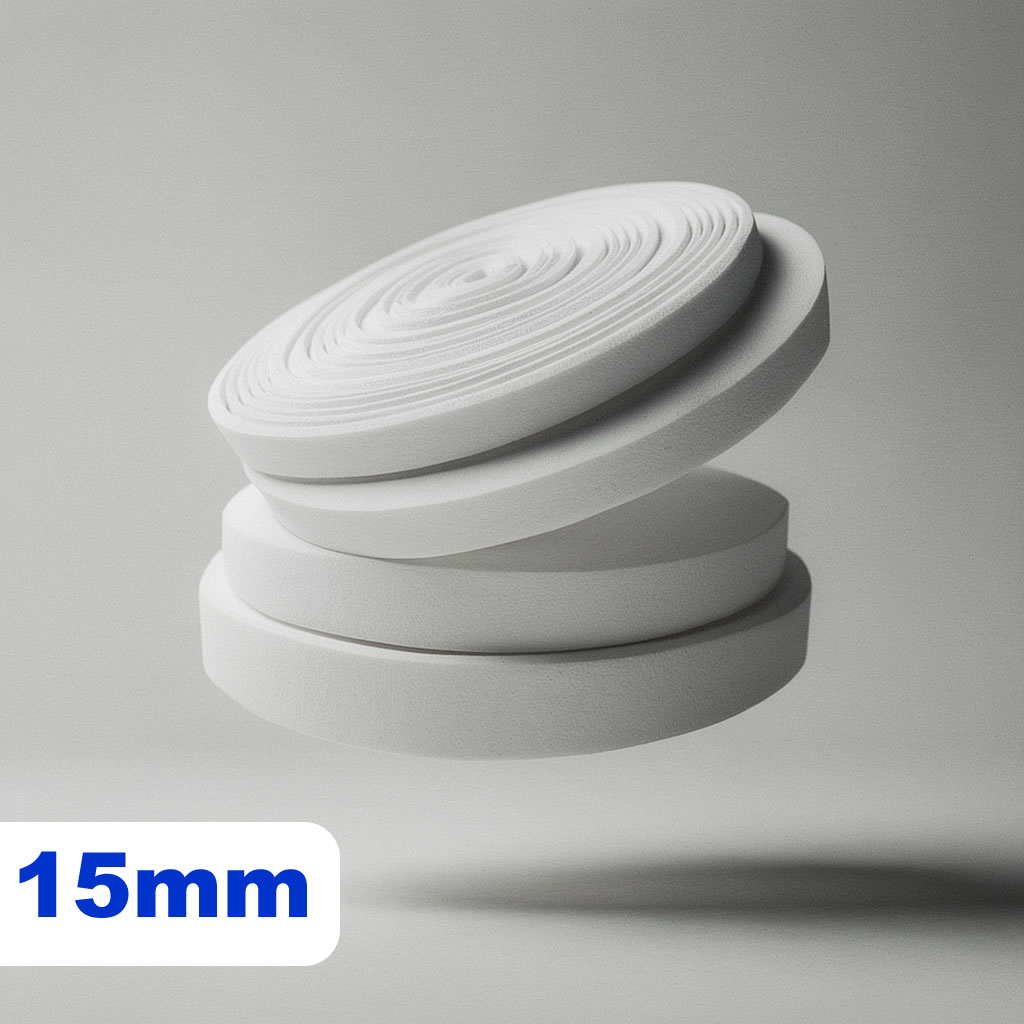 Cuatro rollos de cinta blanca de sublimacion de 15 mm apilados y flotando sobre fondo gris claro.