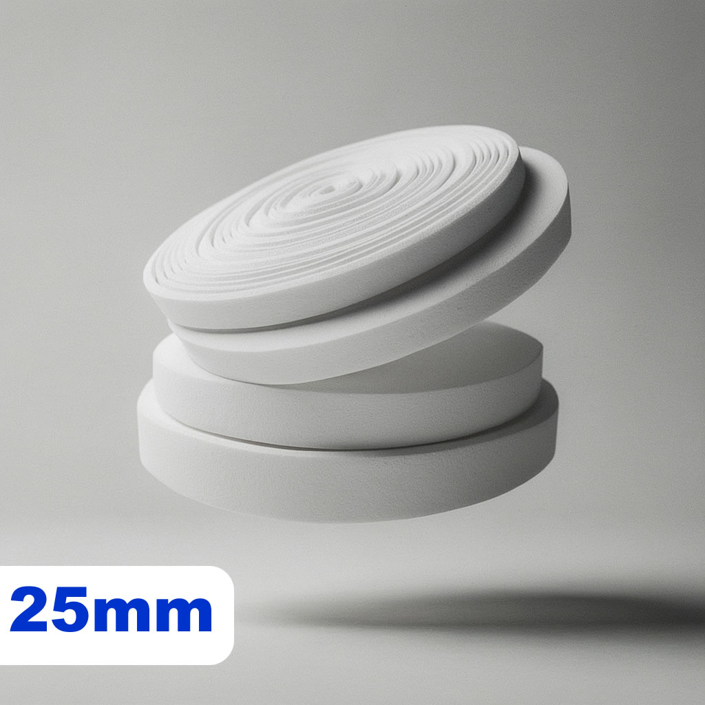 Cuatro rollos de cinta blanca de sublimacion de 25 mm apilados y flotando sobre fondo gris claro.