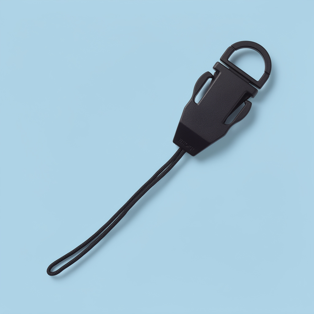 Elemento negro con cuerda y clip de plástico sobre fondo azul claro, ocupado para portar celulares en lanyards.