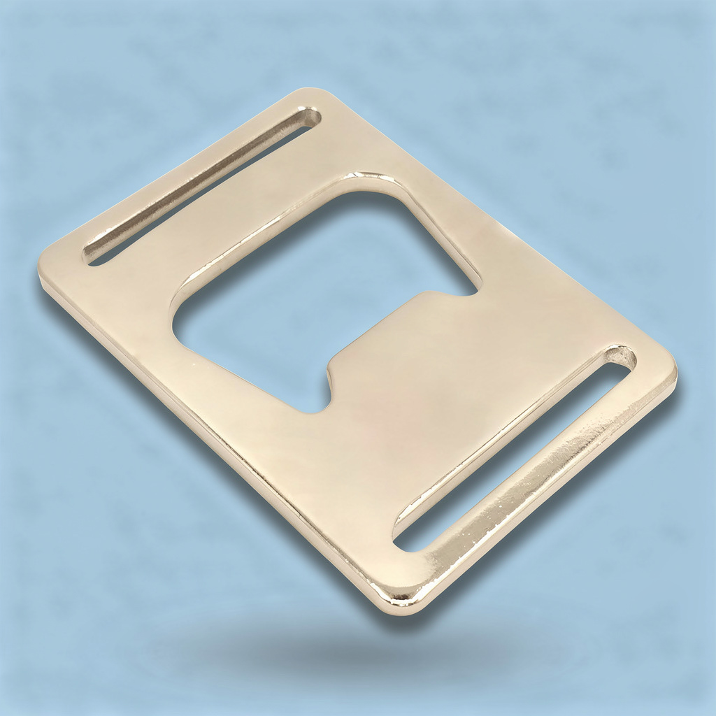 Destapador para lanyrad metálico rectangular con dos ranuras alargadas y un diseño central recortado sobre fondo azul.