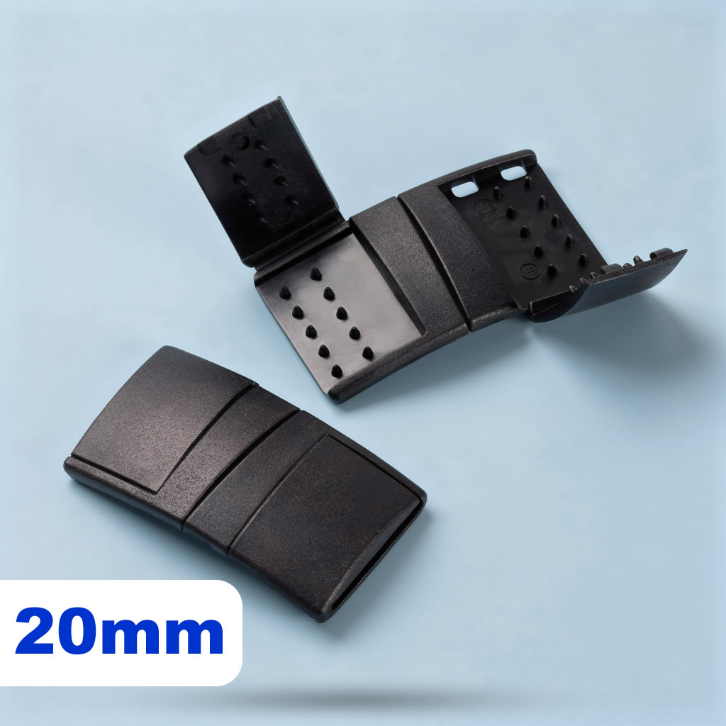 Hebilla beakaway de lanyards negro de 20 mm con diseño plegable y perforaciones para ajuste.