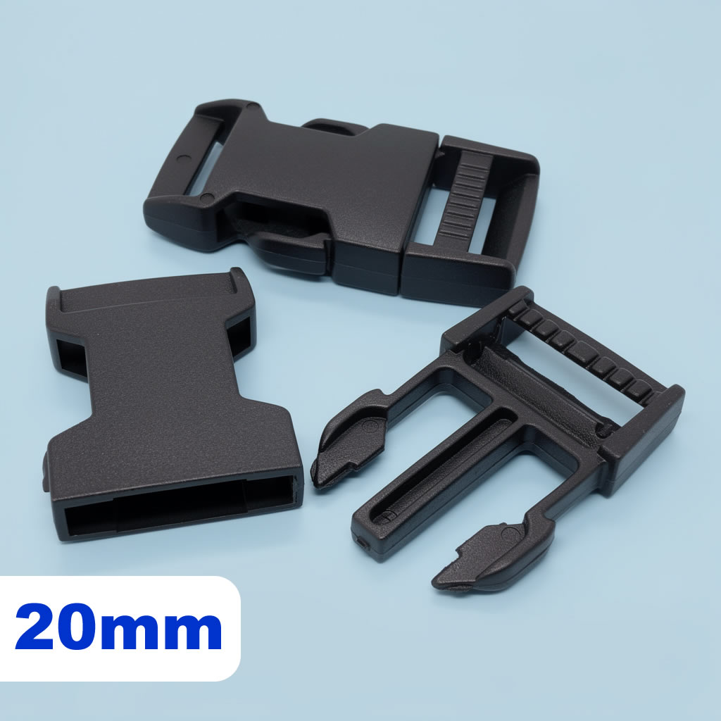Tres hebillas de tip top plástico negro para correas de 20 mm, una desmontada mostrando sus partes internas.