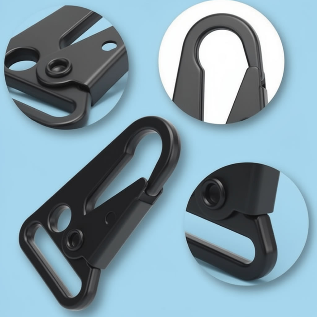 Mosquetón negro de metal tipo táctico u olecranon con cierre seguro y diseño robusto para sujetar objetos.