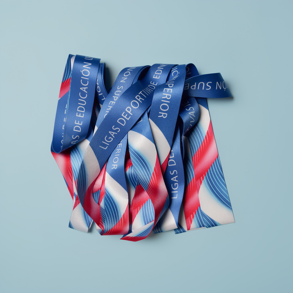 Cinta estampada con colores azul y tricolor con frase Ligas Deportivas de Educacion