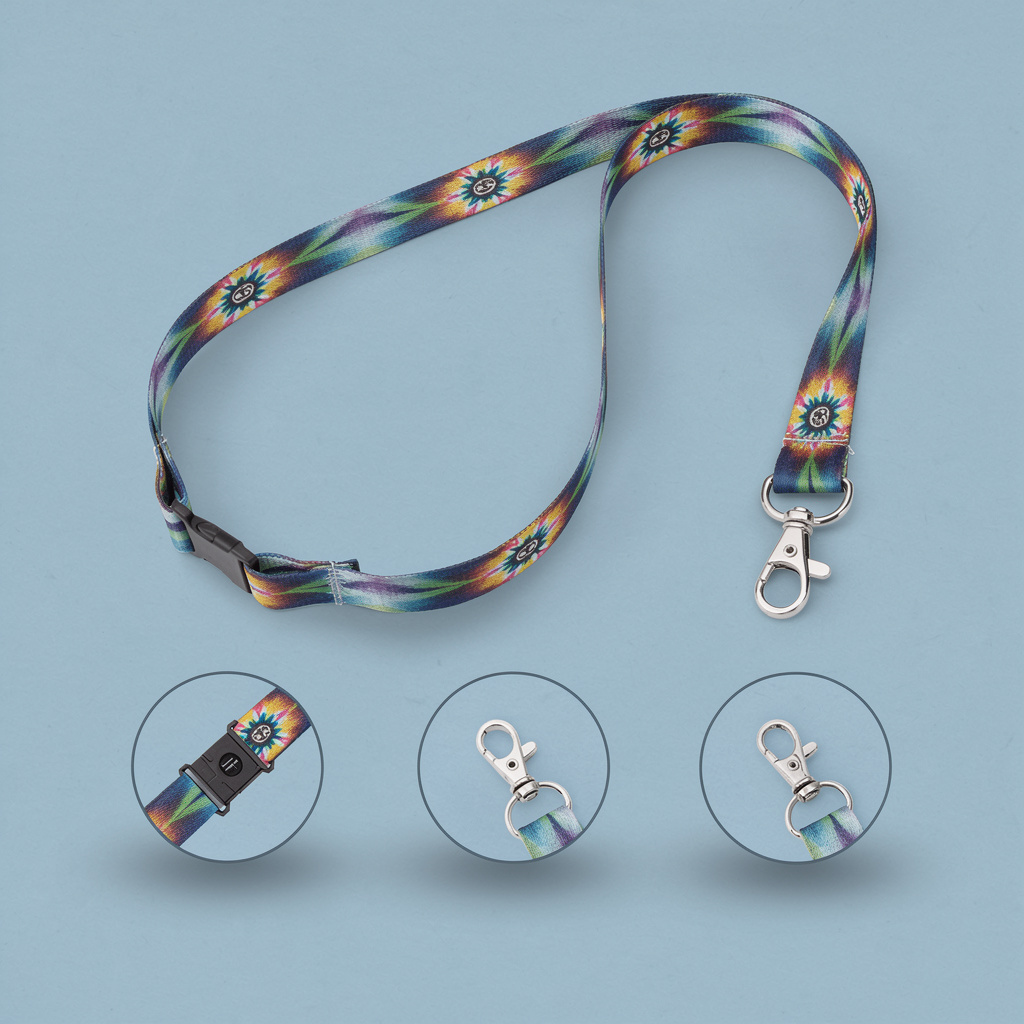 lanyard de colores, se aprecian 3 circulos con acercamiento de detalles del mismo lanyard