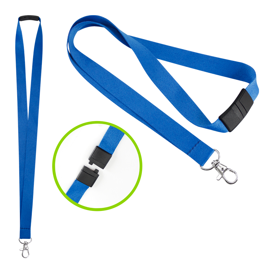Lanyard azul claro con cierre de plástico negro y mosquetón metálico, se muestra un círculo con el detalle del cierre plástico abierto.