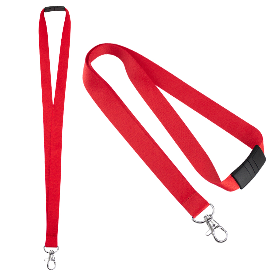 Lanyard rojo con cierre de plástico negro y mosquetón metálico para colgar porta credenciales.