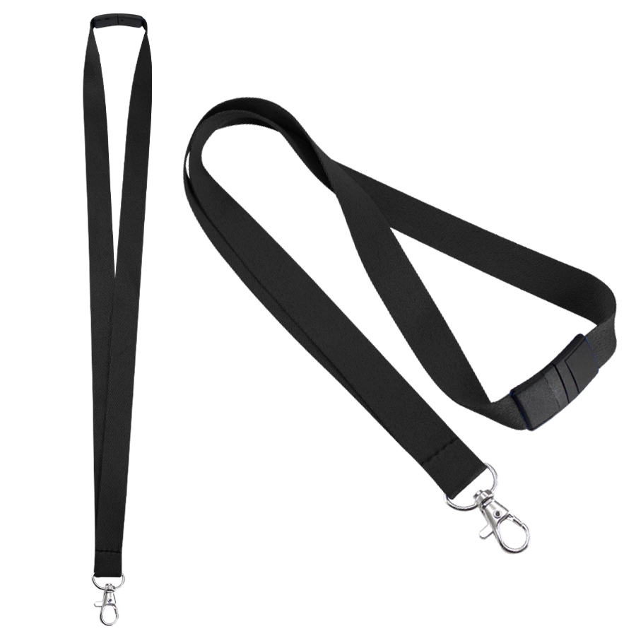 Lanyard negro con cierre de plástico negro y mosquetón metálico para colgar porta credenciales.