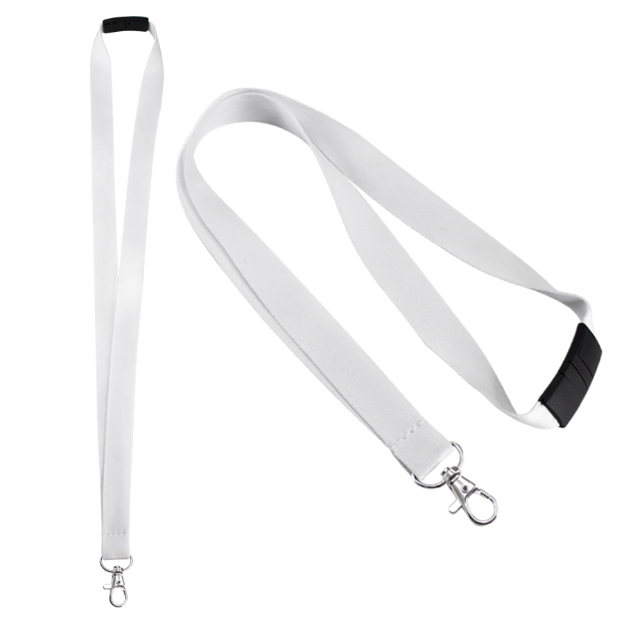 Lanyard blanco con cierre de plástico negro y mosquetón metálico para colgar porta credenciales.