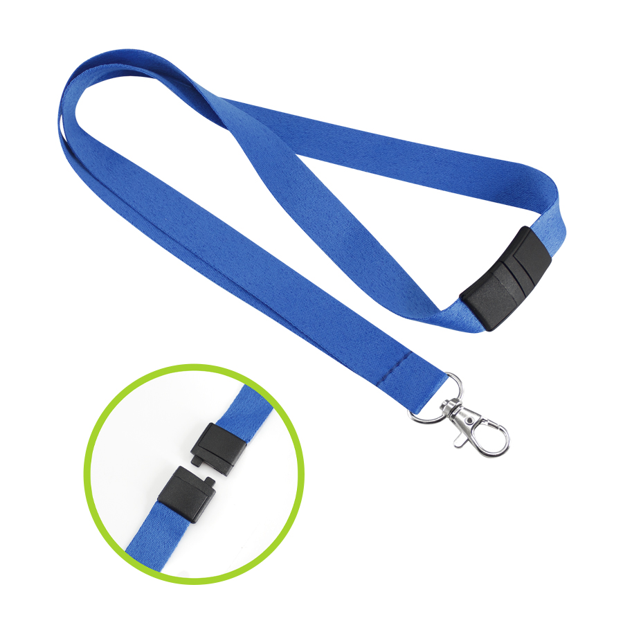 Lanyard azul con cierre de plástico negro y mosquetón metálico, se muestra un círculo con el detalle del cierre plástico abierto.