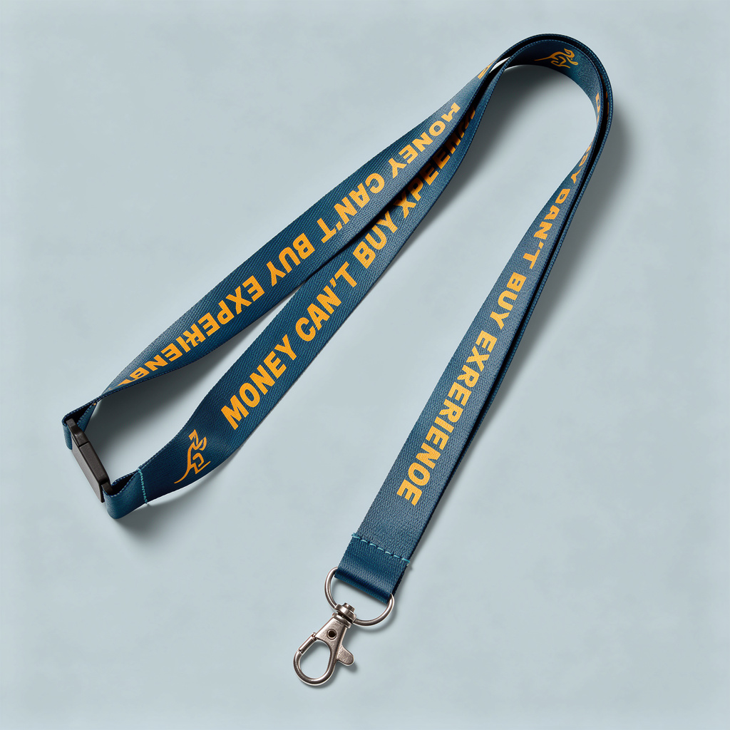 lanyard de color azul con letras amarillas, con mosquetón y broche break away, fondo celeste