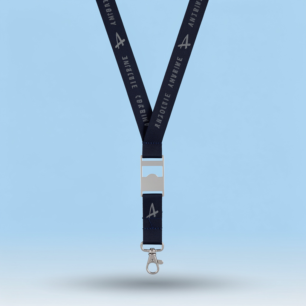 Parte inferior de lanyard de color negro con letras estampadas grises, con destapador metálico y mosquetón, sobre fondo celeste