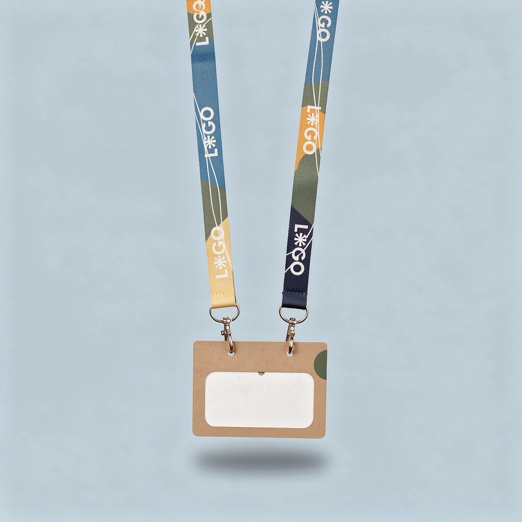 lanyard de colores amarillo, verde y azul con palabra l*go con doble mosquetón con porta credencial de cartón