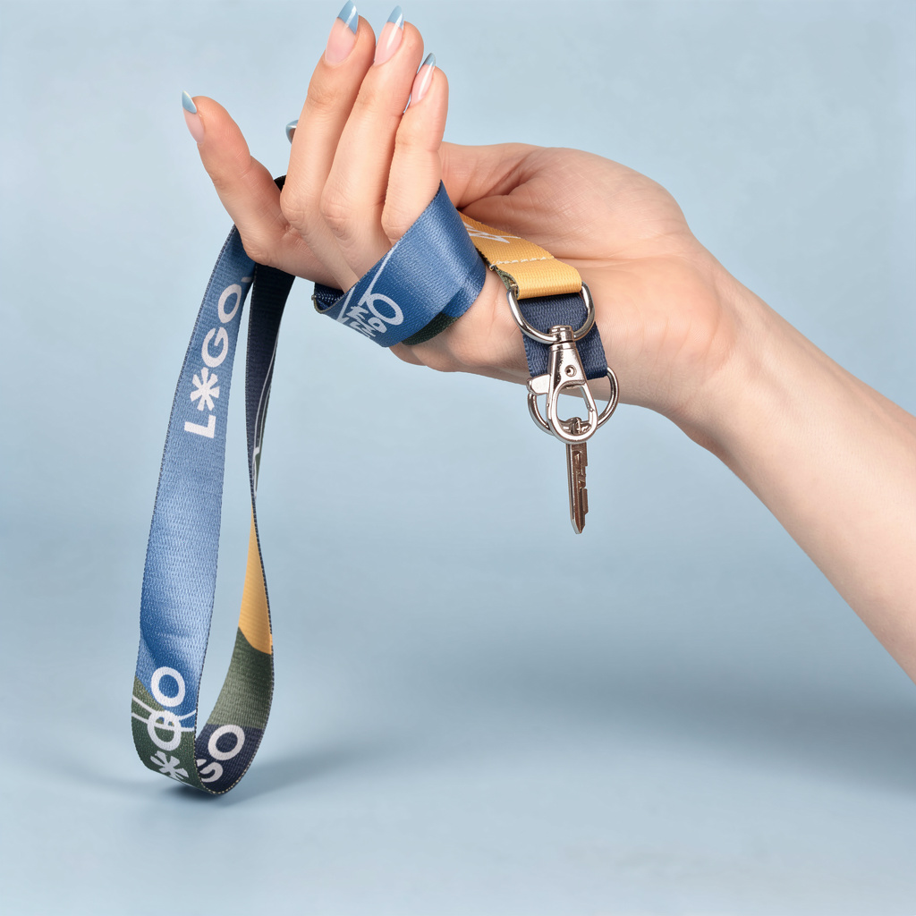 Una mano con lanyard de colores amarillo, verde y azul con palabra l*go, fondo celeste