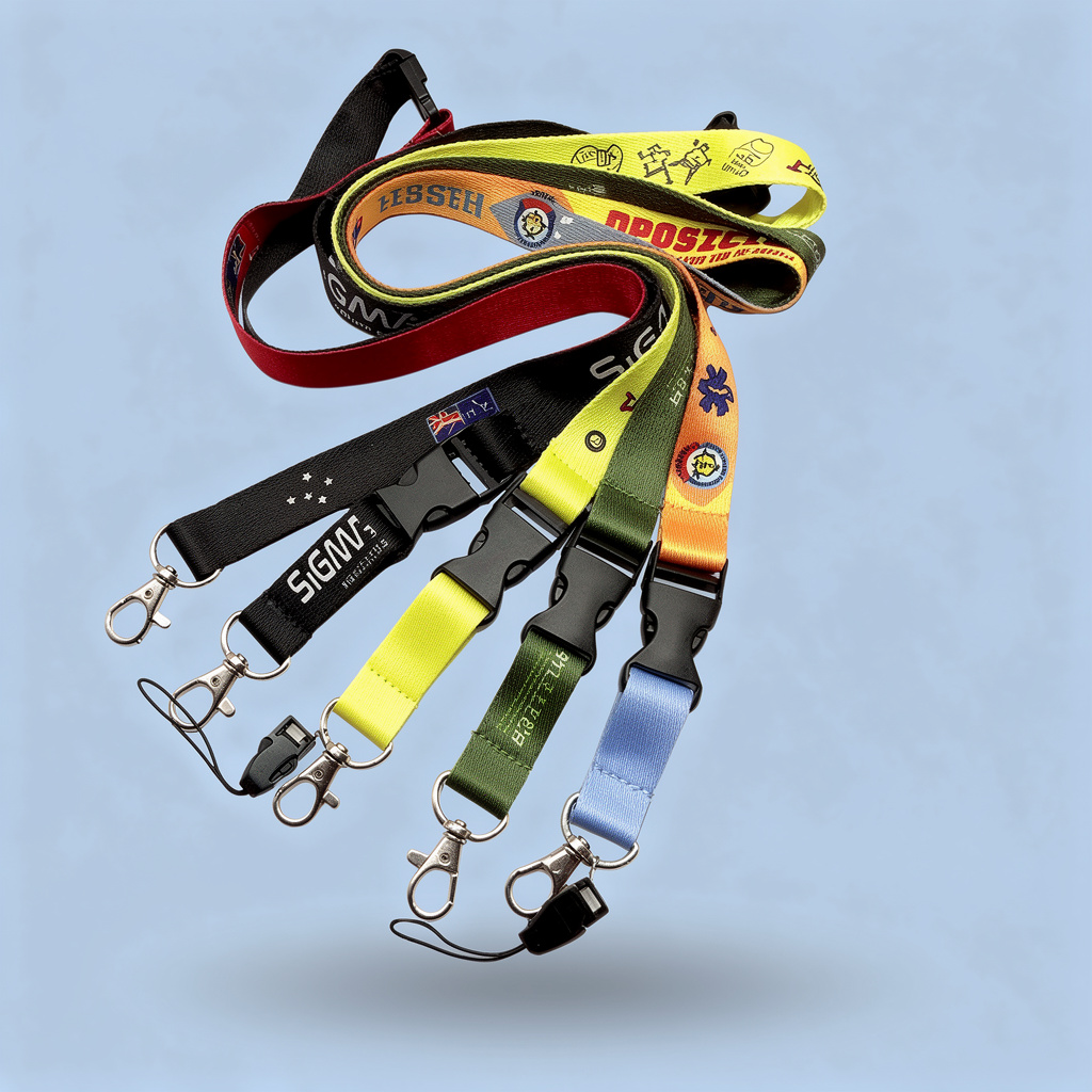 5 lanyards con hebilla tip top de color celes, amarillo, verde y negro