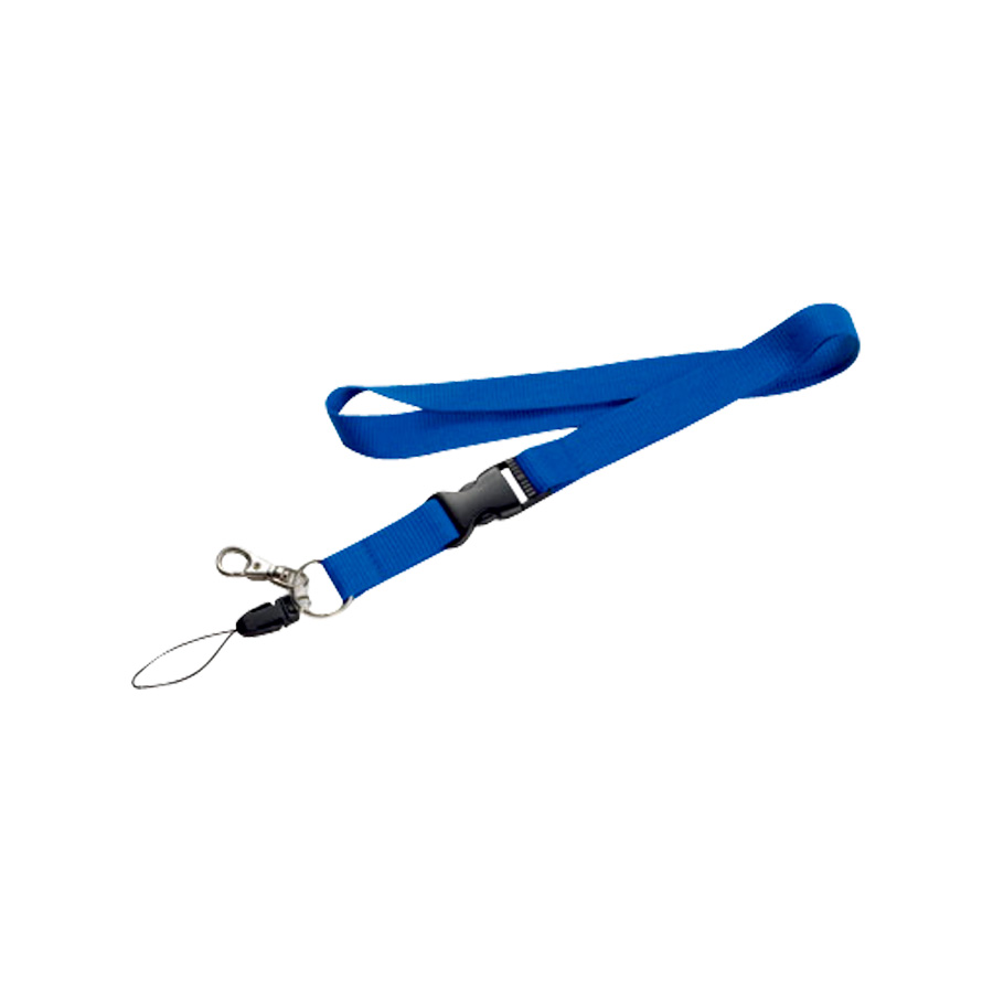 Lanyard color azul, con hebilla tip top, porta celular y un clip de metal, sobre fondo blanco
