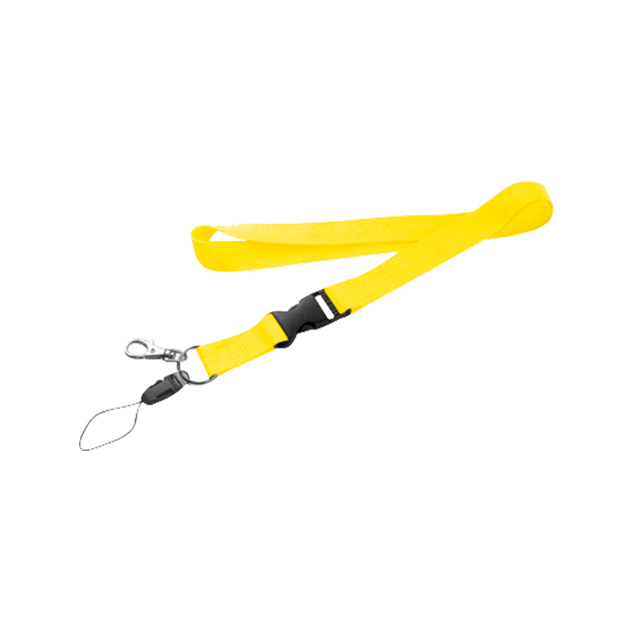 Lanyard color amarillo, con hebilla tip top, porta celular y un clip de metal, sobre fondo blanco