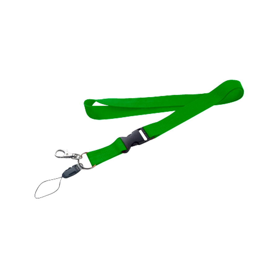 Lanyard color verde, con hebilla tip top, porta celular y un clip de metal, sobre fondo blanco