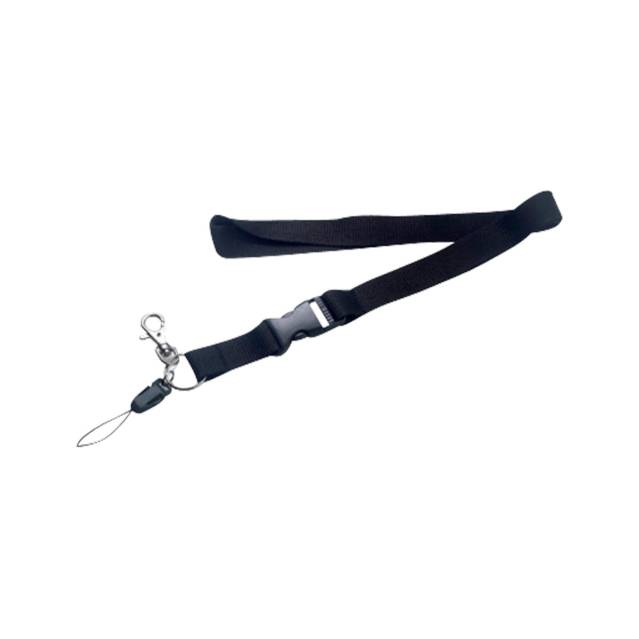 Lanyard color negro, con hebilla tip top, porta celular y un clip de metal, sobre fondo blanco