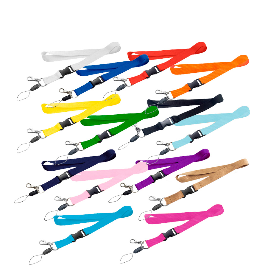 Un conjunto de 14 lanyards de diferentes colores y tamaños, organizados en una superficie plana