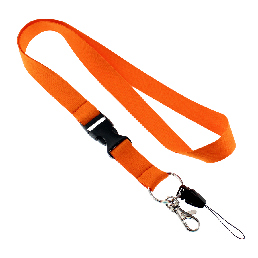 Lanyard anaranjado para colgar con broche plástico y gancho metálico para porta credenciales