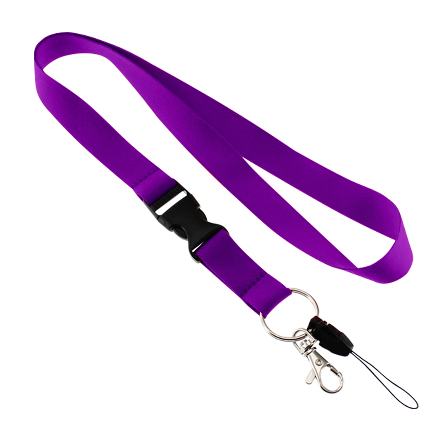 Lanyard morado para colgar con broche plástico y gancho metálico para porta credenciales