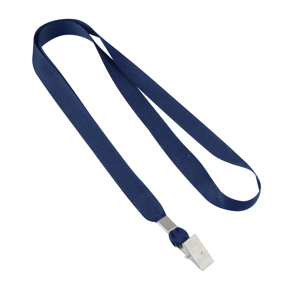 Lanyard negro con clip metálico para sujetar credenciales o identificaciones.