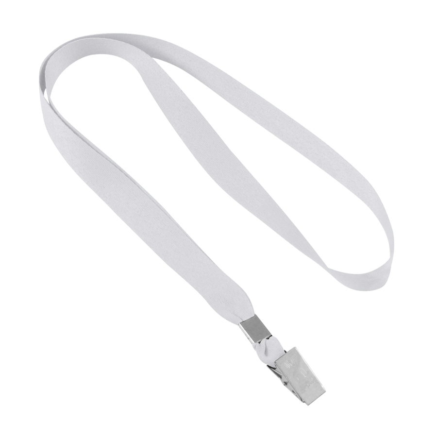 Lanyard blanco con clip metálico para sujetar credenciales o identificaciones.