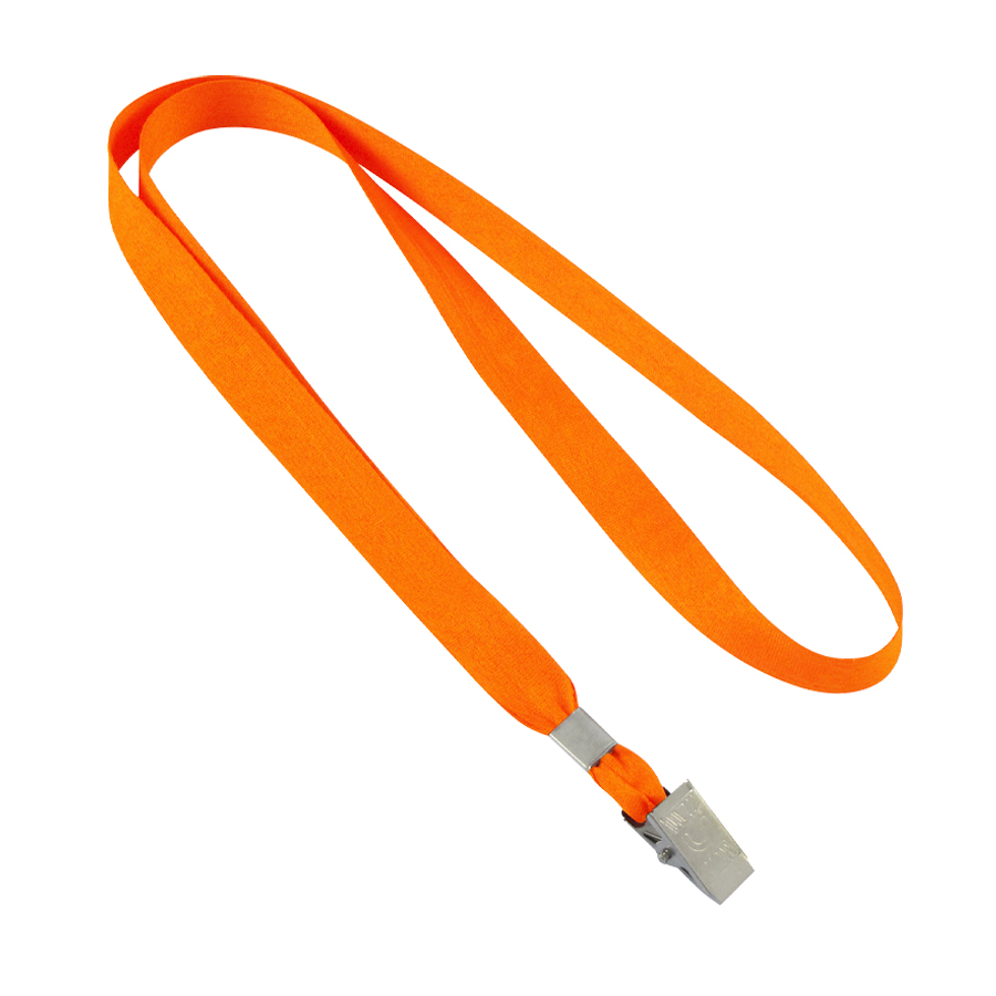 Lanyard anaranjado con clip metálico para sujetar credenciales o identificaciones.