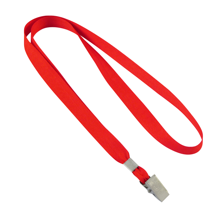 Lanyard rojo con clip metálico para sujetar credenciales o identificaciones.