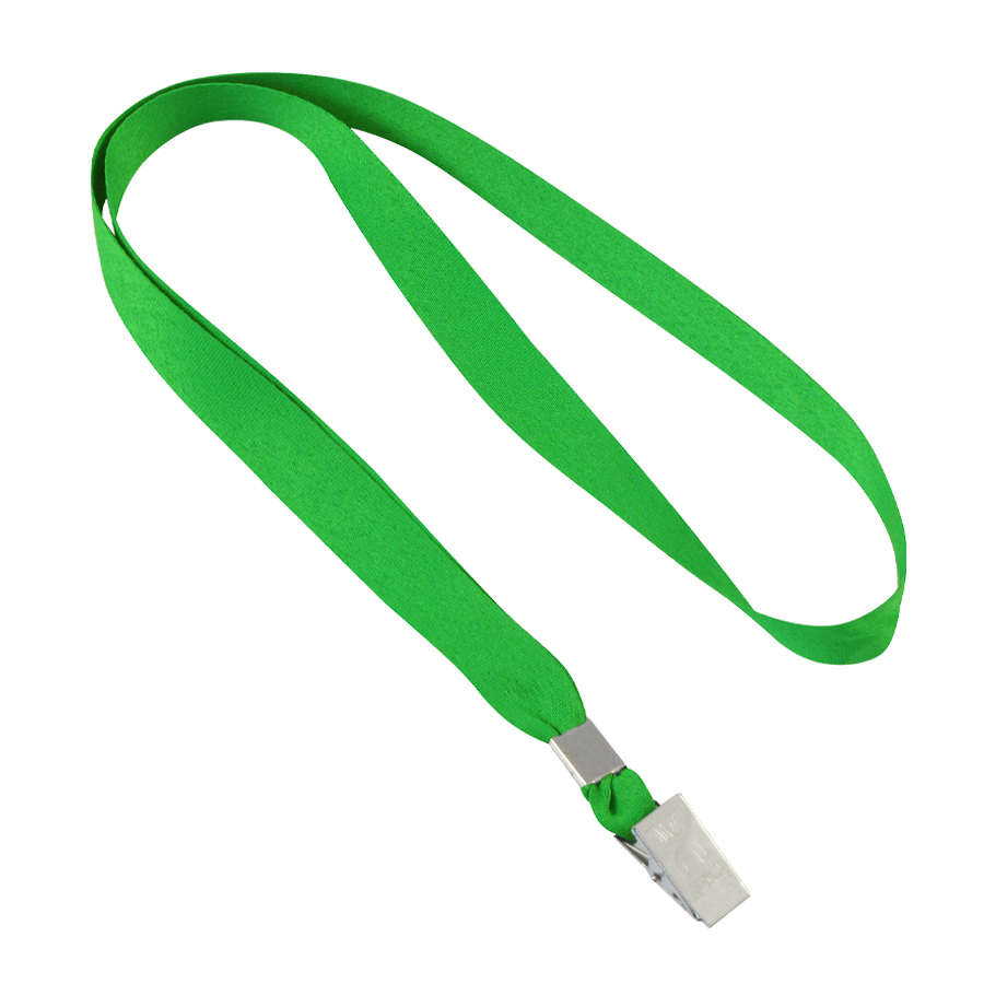 Lanyard verde con clip metálico para sujetar credenciales o identificaciones.