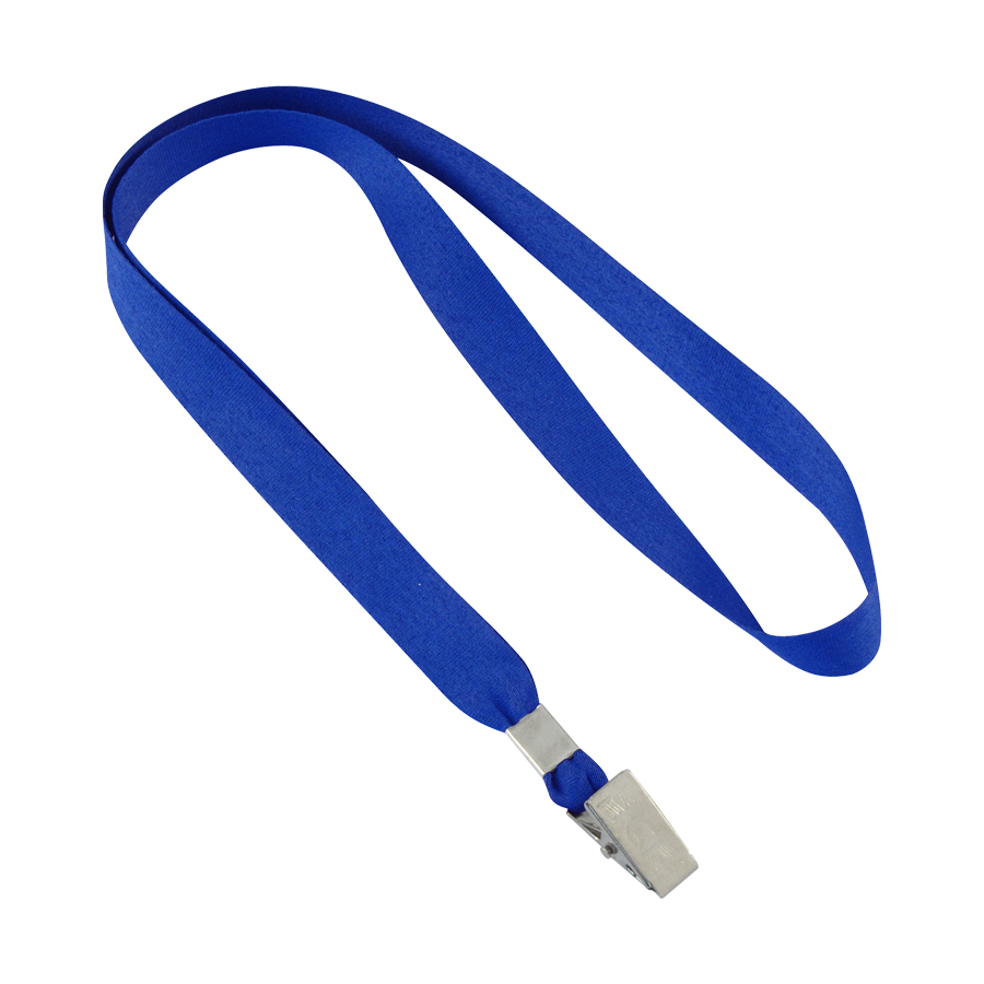 Lanyard azul con clip metálico para sujetar credenciales o identificaciones.