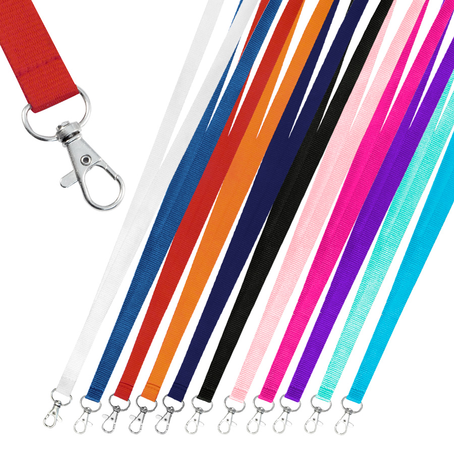 Un conjunto de lanyards de diferentes colores y tamaños, organizados en una superficie plana