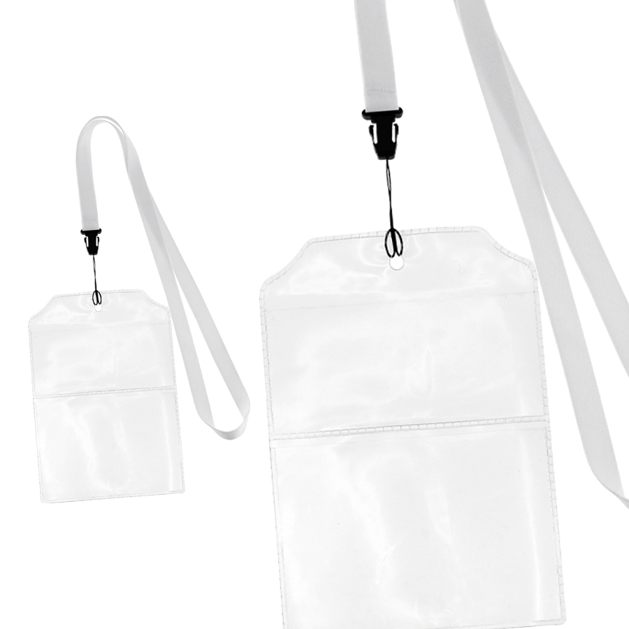 Porta credenciales transparentes con lanyards blancos para colgar al cuello, ideal para eventos o identificación.