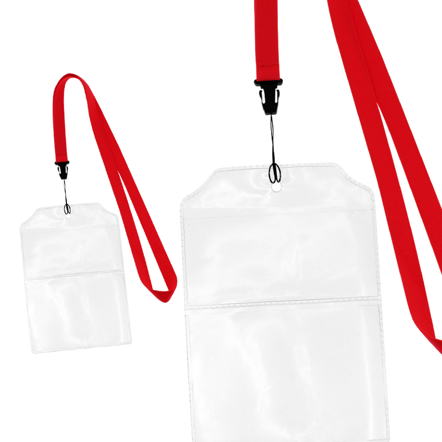 Porta credenciales transparentes con lanyards rojos para colgar al cuello, ideal para eventos o identificación.