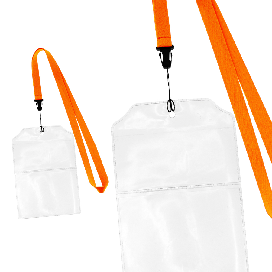 Porta credenciales transparentes con lanyards anaranjados para colgar al cuello, ideal para eventos o identificación.
