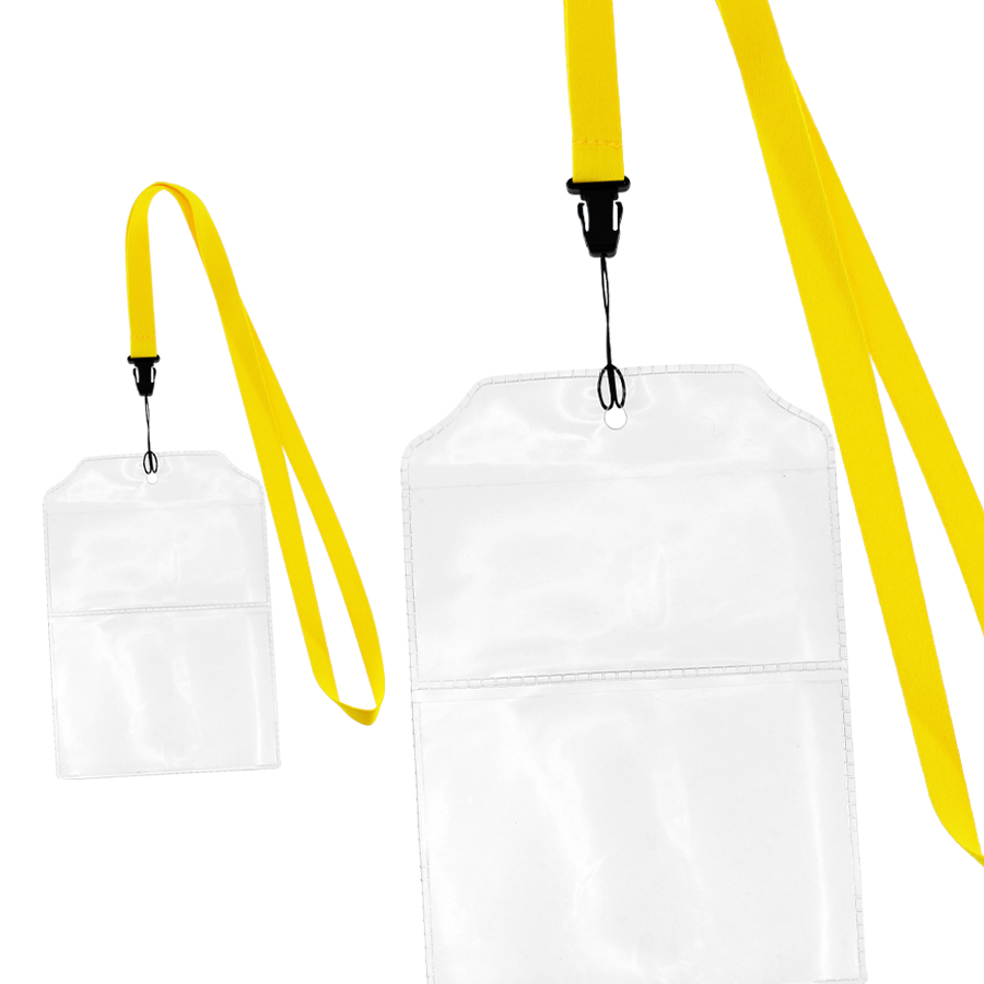 Porta credenciales transparentes con lanyards amarillos para colgar al cuello, ideal para eventos o identificación.