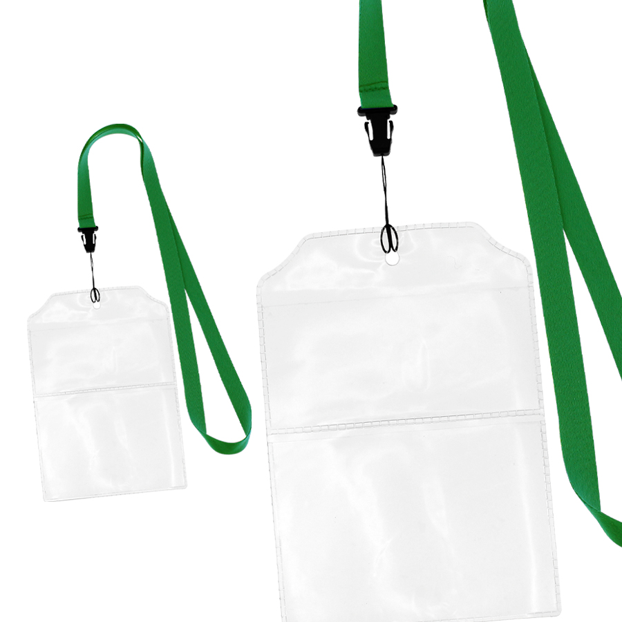 Porta credenciales transparentes con lanyards verdes para colgar al cuello, ideal para eventos o identificación.
