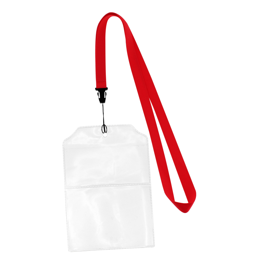 Lanyard rojo con conector plástico negro y una porta credencial transparente