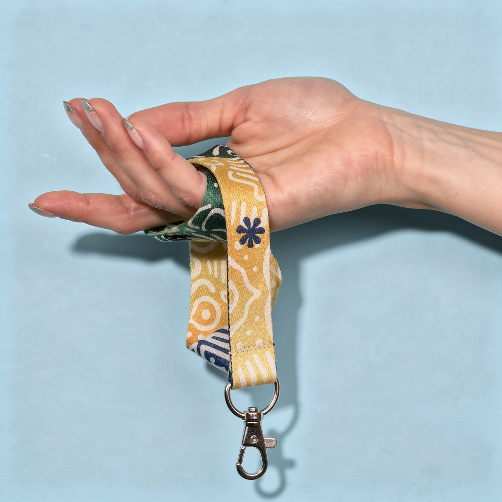 Lanyard de color amarillo sostenido por una mano sobre fondo celeste