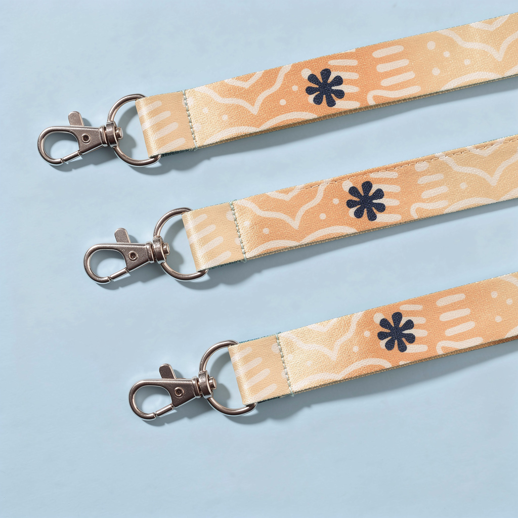 3 Lanyards con mosquetón de color amarillo sobre fondo celeste