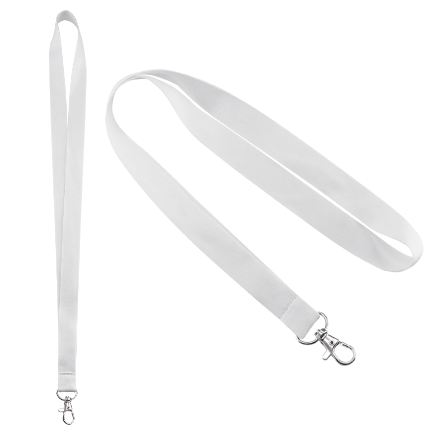 Lanyard liso blanco con mosquetón metálico para colgar porta credenciales.