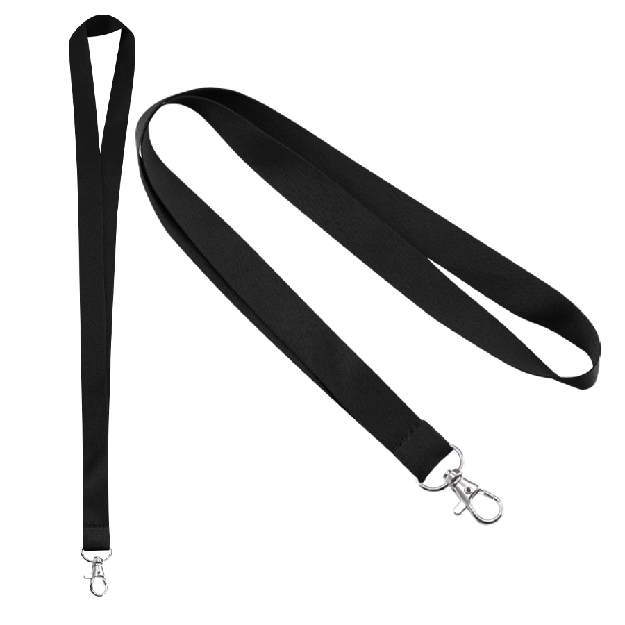 Lanyard liso negro con mosquetón metálico para colgar porta credenciales.