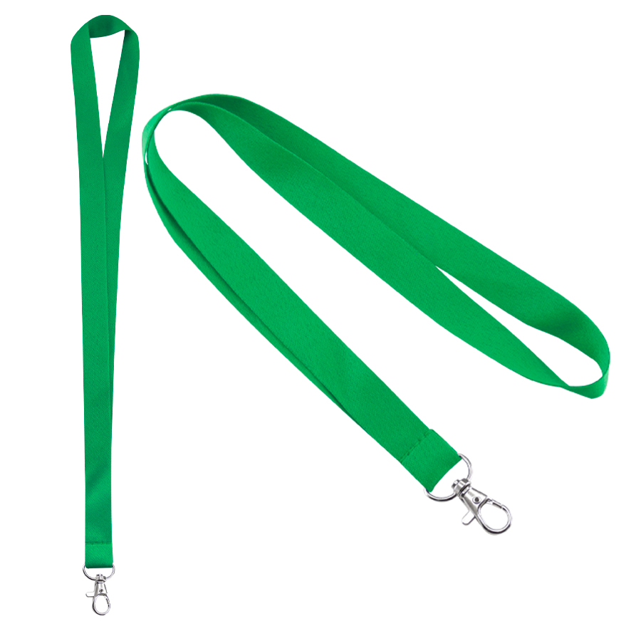 Lanyard liso verde con mosquetón metálico para colgar porta credenciales.