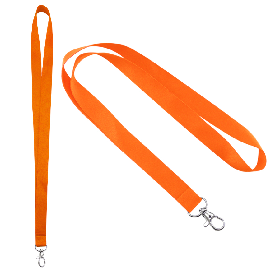 Lanyard liso anaranjado con mosquetón metálico para colgar porta credenciales.