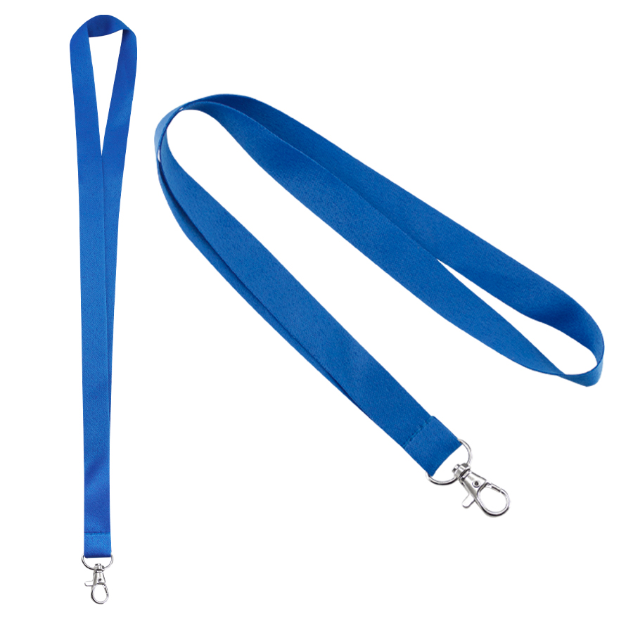 Lanyard liso azul con mosquetón metálico para colgar porta credenciales.