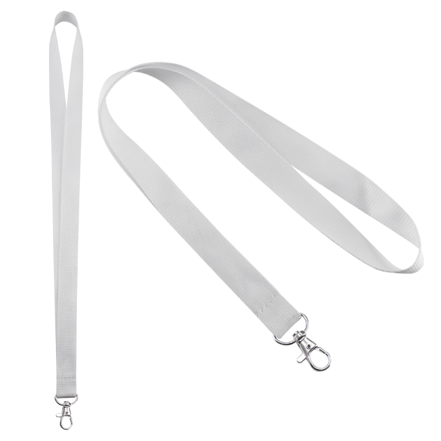 Lanyard blanco de tela con textura con gancho metálico para colgar porta credenciales.