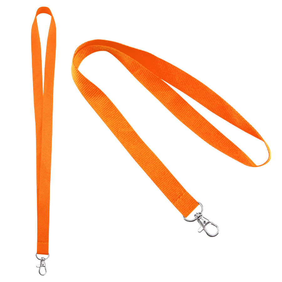 Lanyard anaranjado de tela con textura con gancho metálico para colgar porta credenciales.