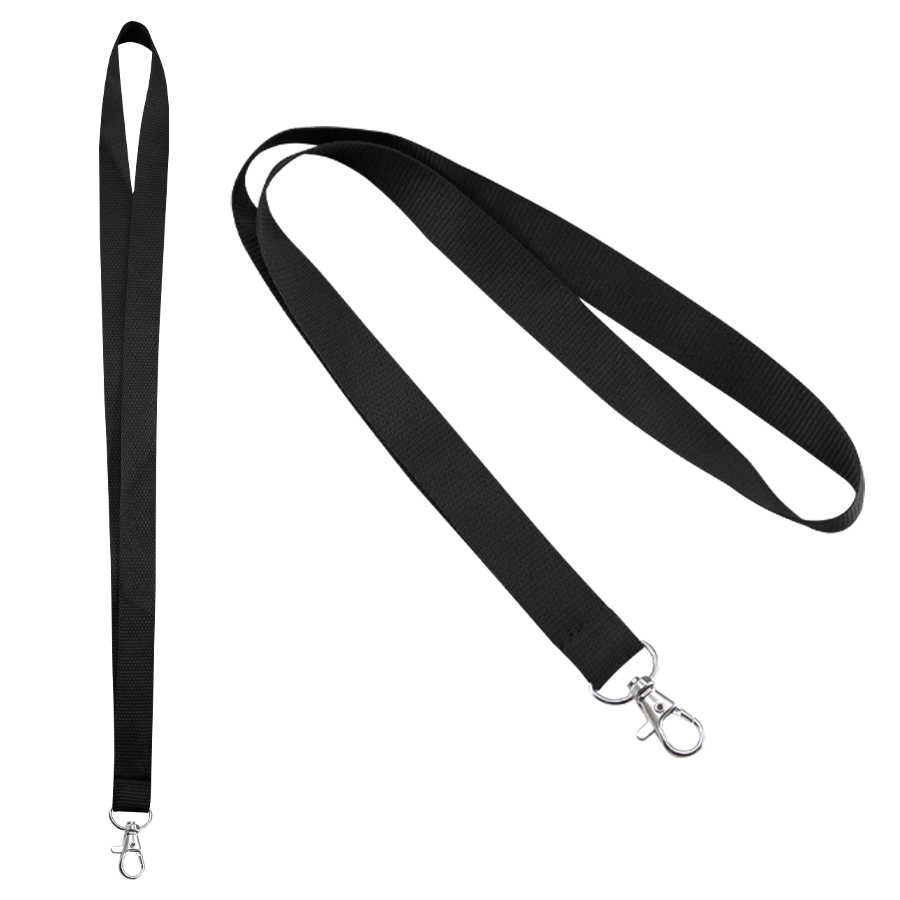 Lanyard negro de tela con textura con gancho metálico para colgar porta credenciales.